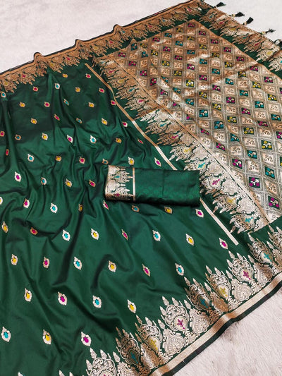 Classy Dark Green Soft Banarasi Silk Saree With Exuberant Blouse Piece