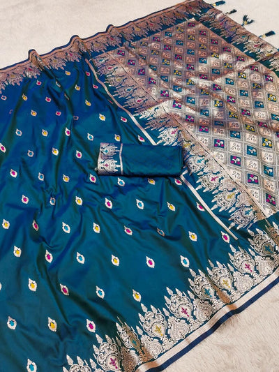 Glamorous Rama Soft Banarasi Silk Saree With Glowing Blouse Piece