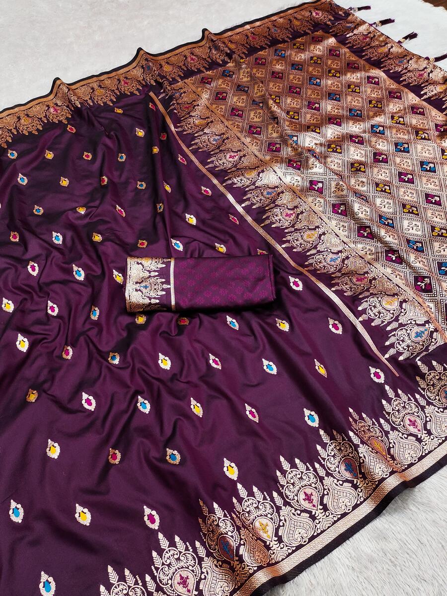 Fancifull Wine Soft Banarasi Silk Saree With Exuberant Blouse Piece