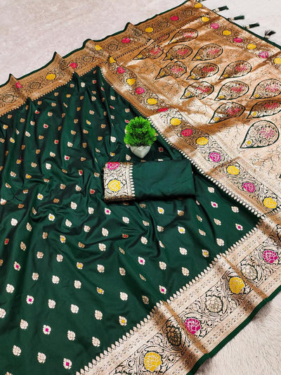 Evocative Dark Green Soft Banarasi Silk Saree With Symmetrical Blouse Piece