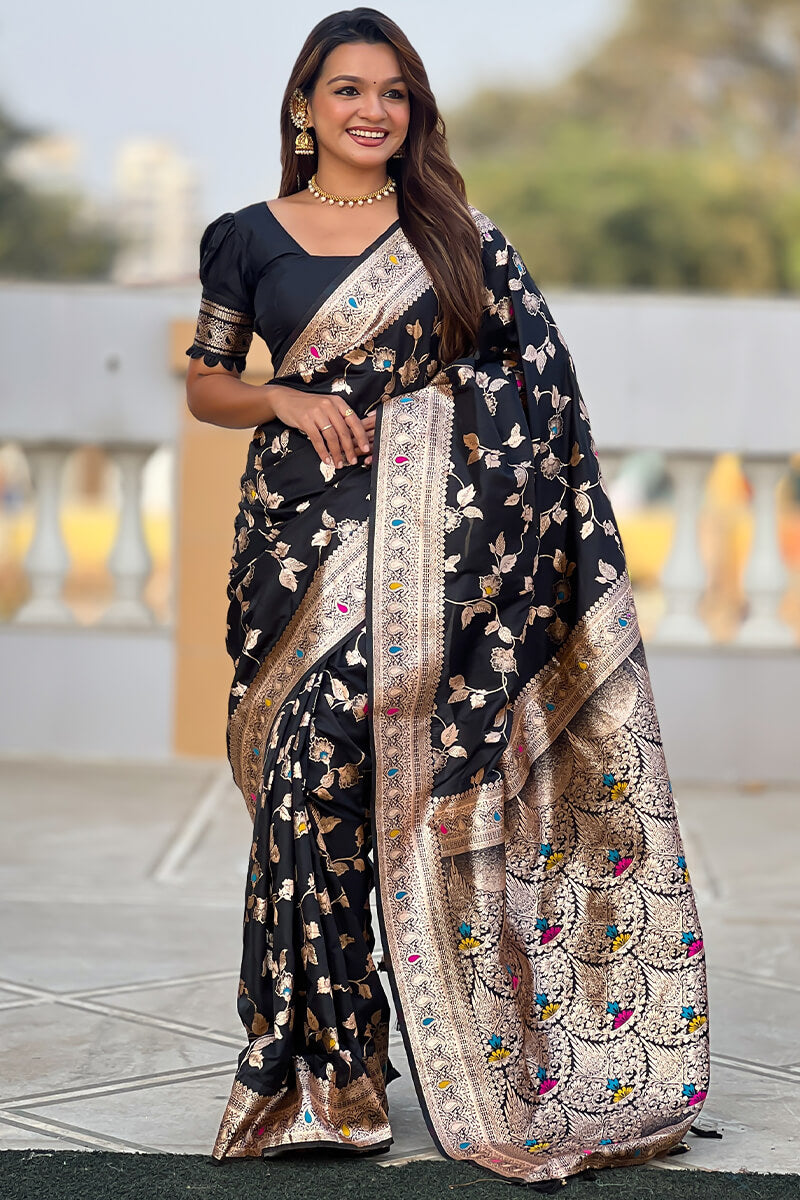 Surreptitious Black Soft Banarasi Silk Saree With Nemesis Blouse Piece