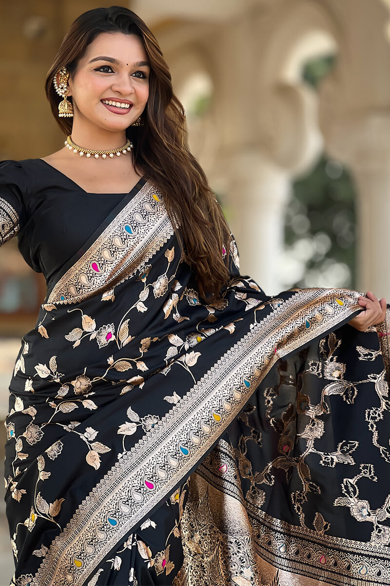 Surreptitious Black Soft Banarasi Silk Saree With Nemesis Blouse Piece
