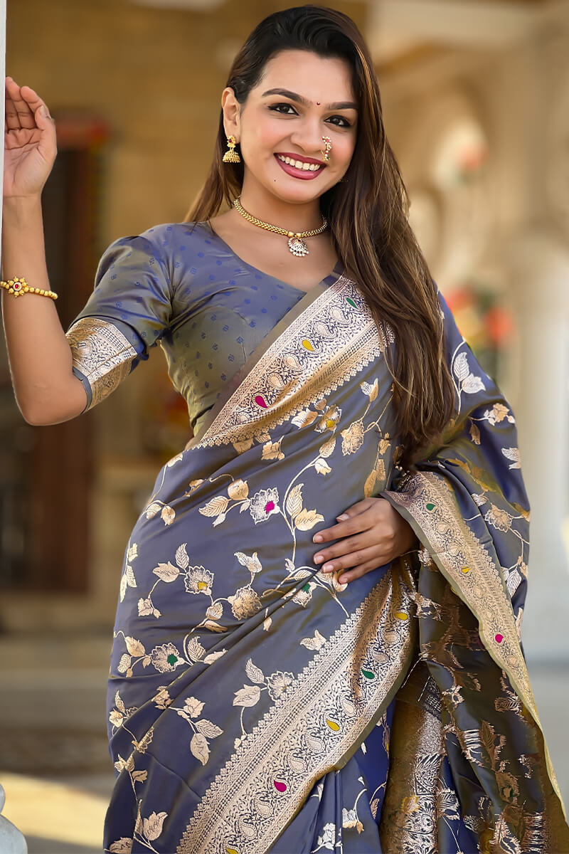 Engrossing Blue Soft Banarasi Silk Saree With Desiring Blouse Piece