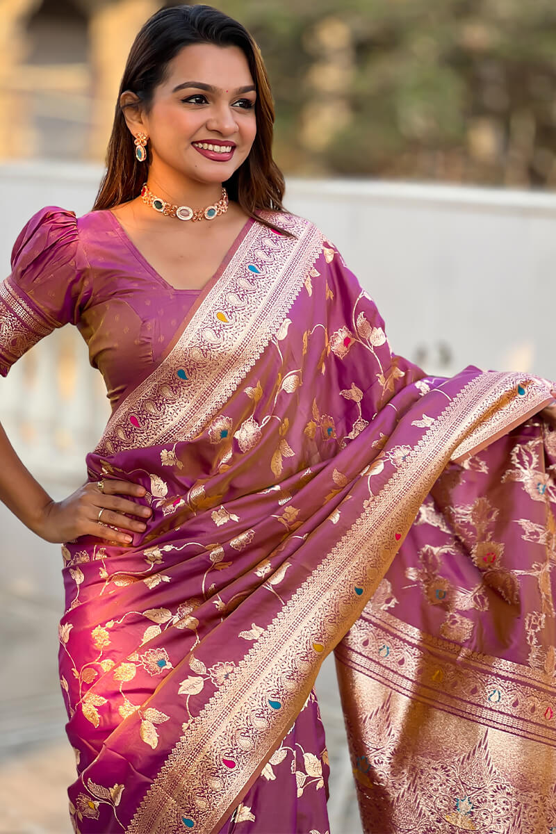 Captivating Lavender Soft Banarasi Silk Saree With Delectable Blouse Piece