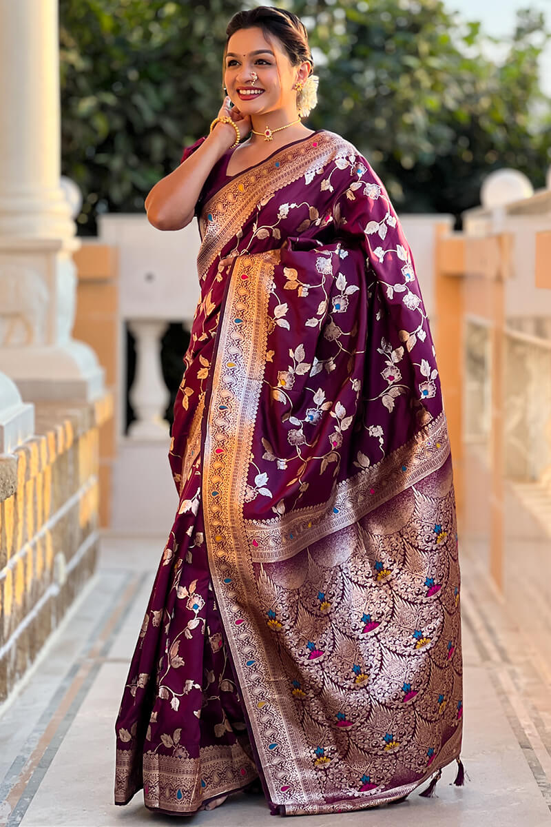 Eloquence Purple Soft Banarasi Silk Saree With Amiable Blouse Piece