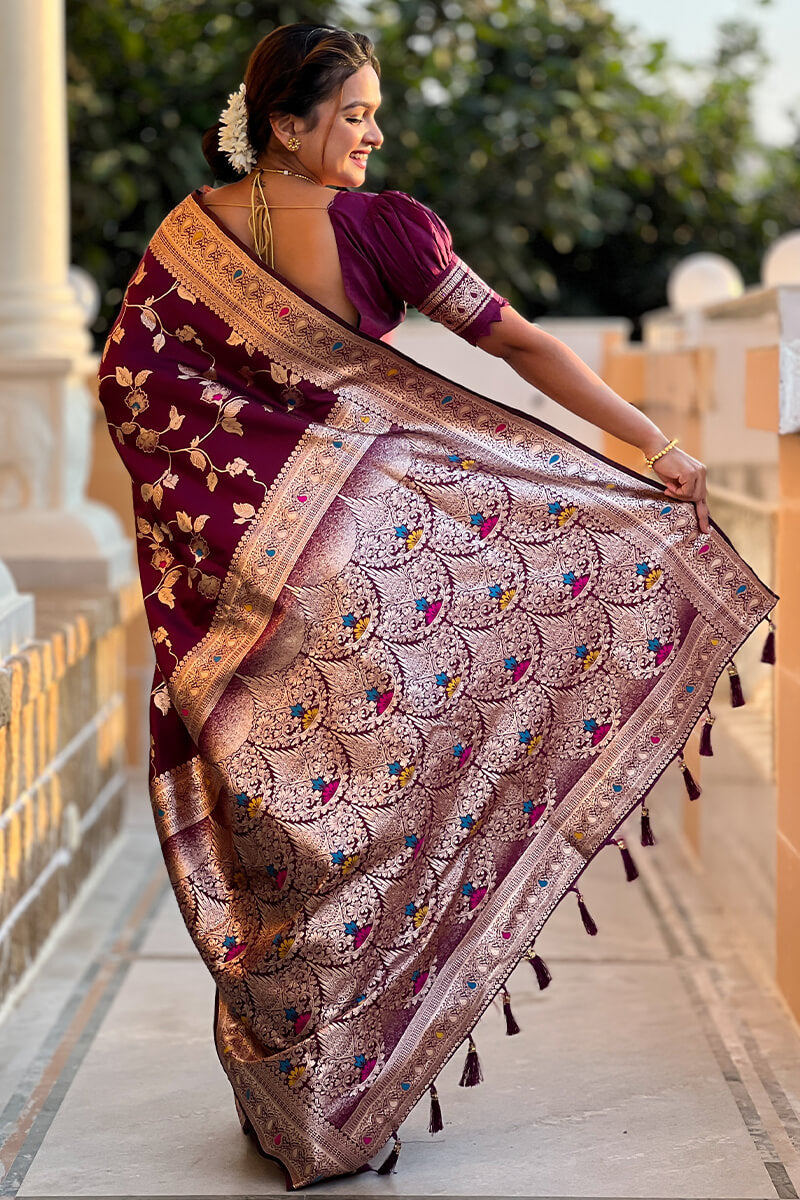 Eloquence Purple Soft Banarasi Silk Saree With Amiable Blouse Piece