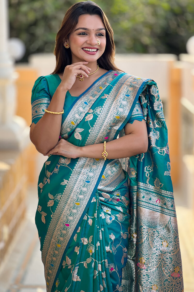 Luxuriant Rama Soft Banarasi Silk Saree With Elaborate Blouse Piece