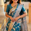 Ineffable Teal Blue Soft Banarasi Silk Saree With Zephyr Blouse Piece
