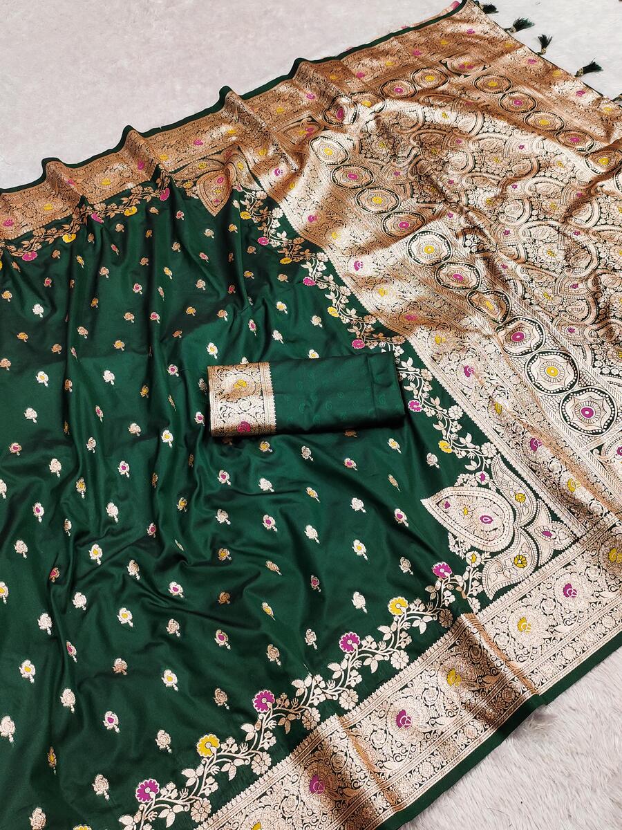 Dalliance Dark Green Soft Banarasi Silk Saree With Girlish Blouse Piece