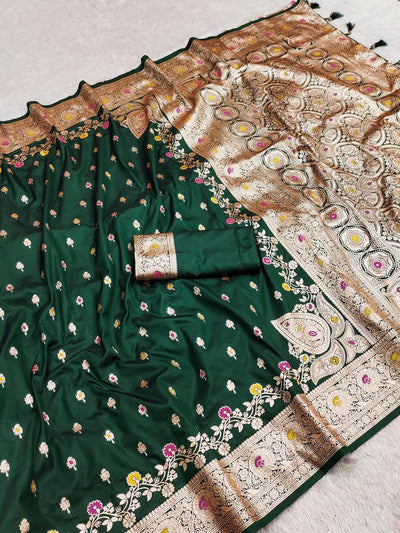 Dalliance Dark Green Soft Banarasi Silk Saree With Girlish Blouse Piece