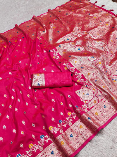 Opulent Dark Pink Soft Banarasi Silk Saree With Charming Blouse Piece