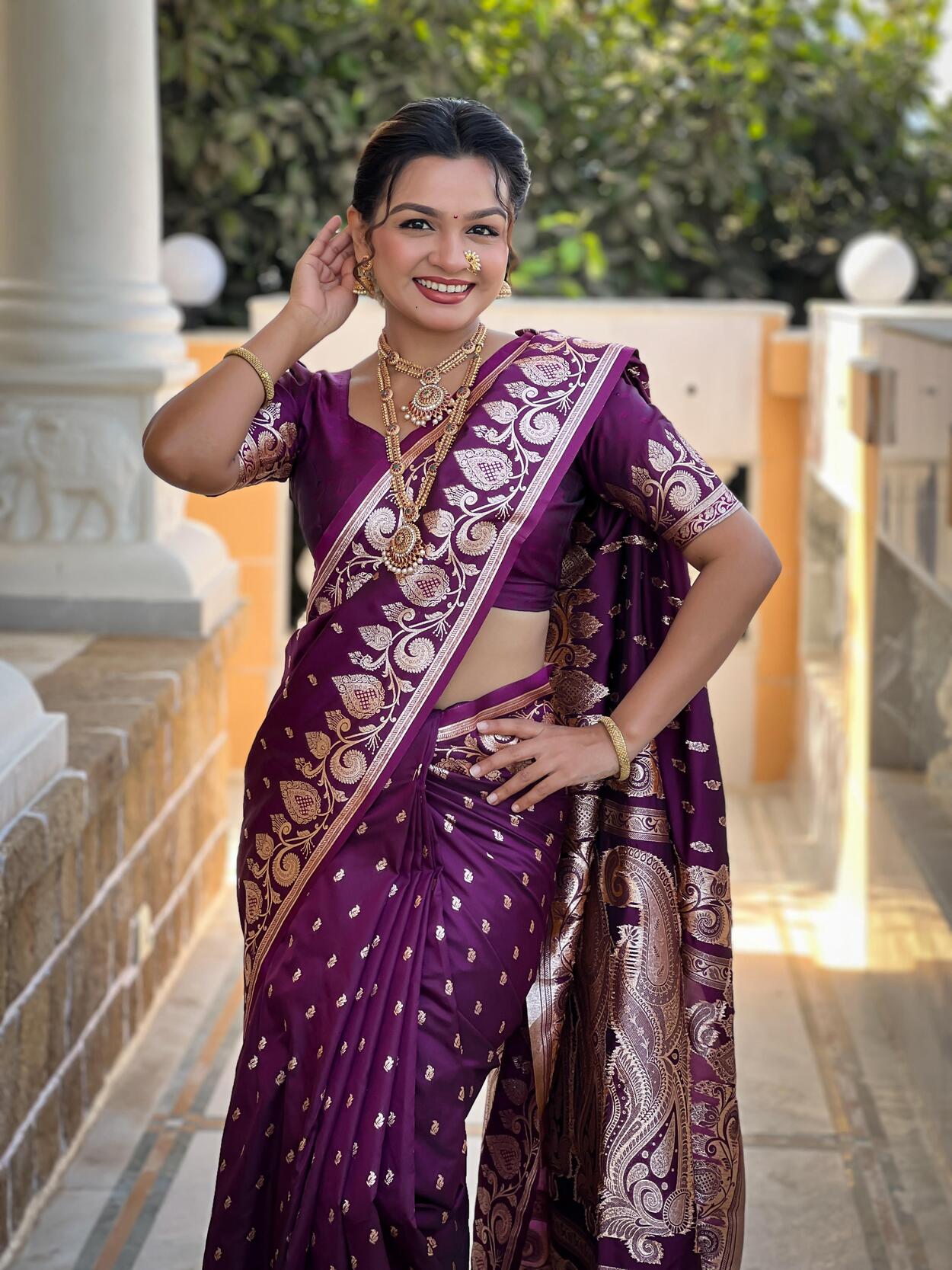 Flameboyant Wine Soft Banarasi Silk Saree With Inspiring Blouse Piece