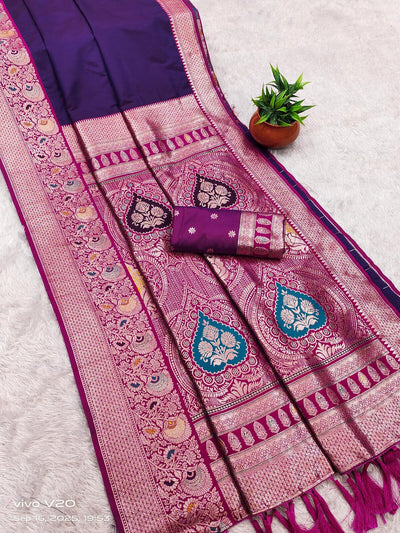 Glowing Purple Soft Banarasi Silk Saree With Majestic Blouse Piece