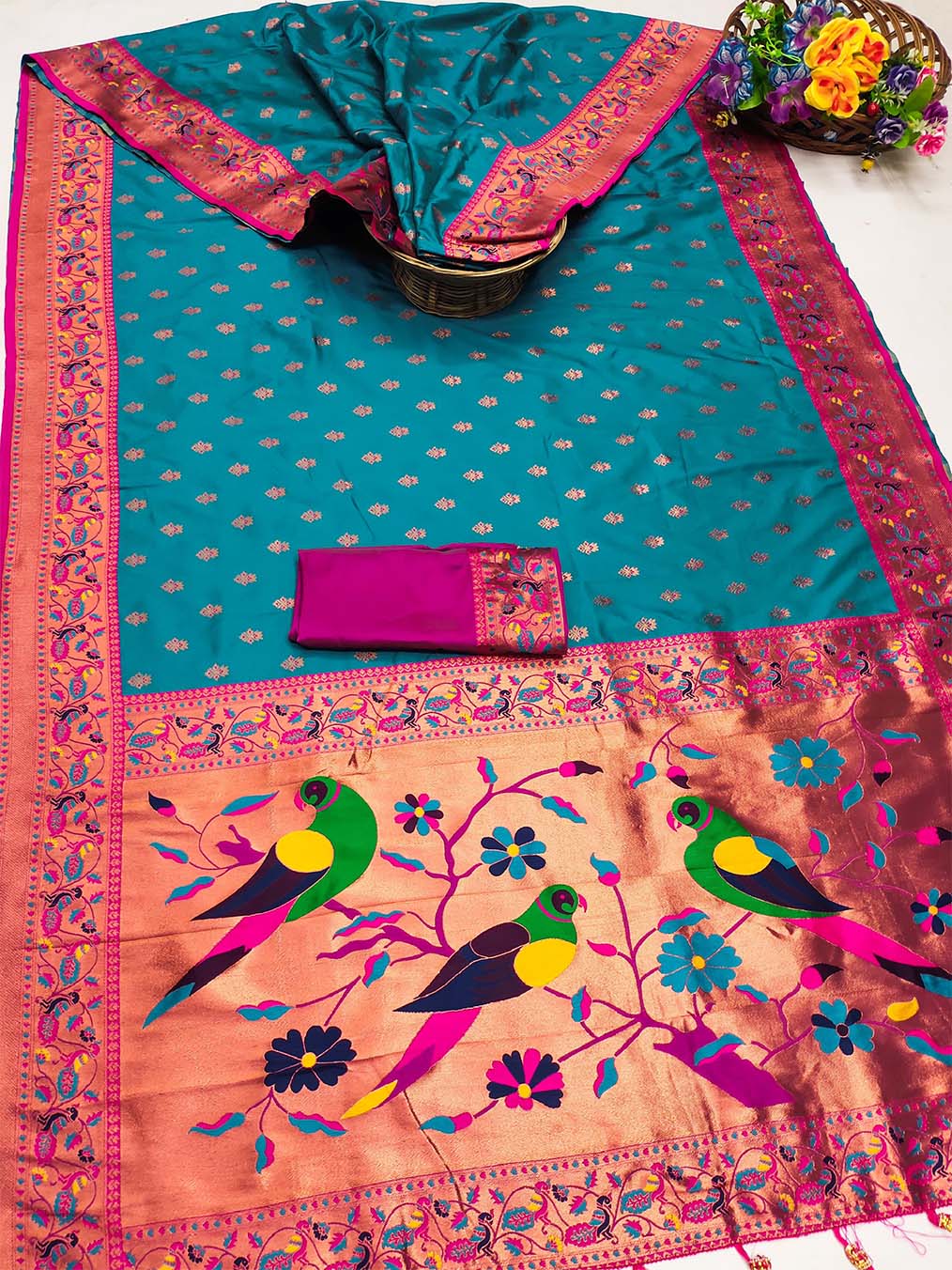 Woebegone Rama Paithani Silk Saree With Panoply Blouse Piece