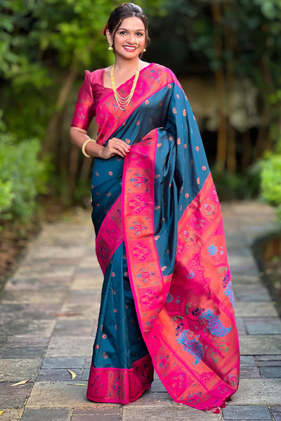 Ephemeral Teal Blue Paithani Silk Saree With Dalliance Blouse Piece