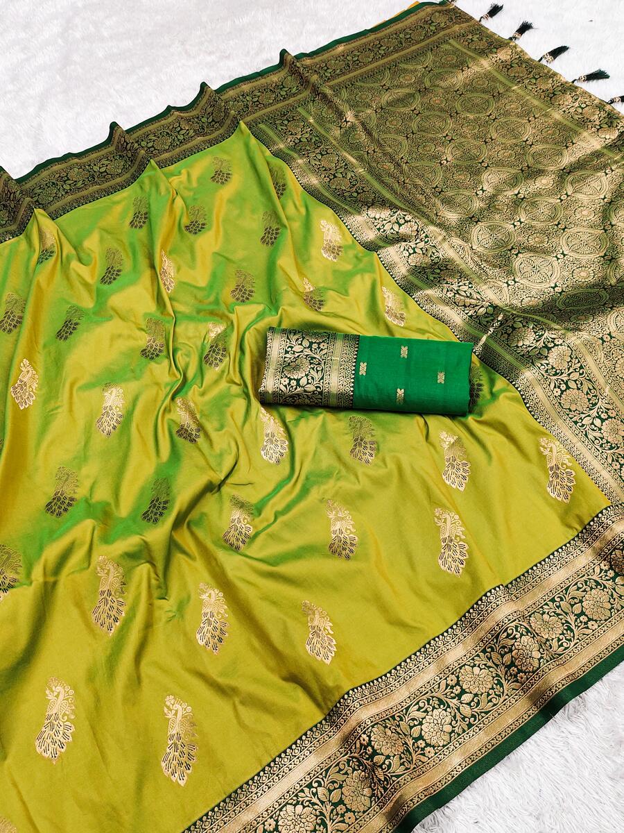 Blissful Mehndi Soft Banarasi Silk Saree With Gorgeous Blouse Piece