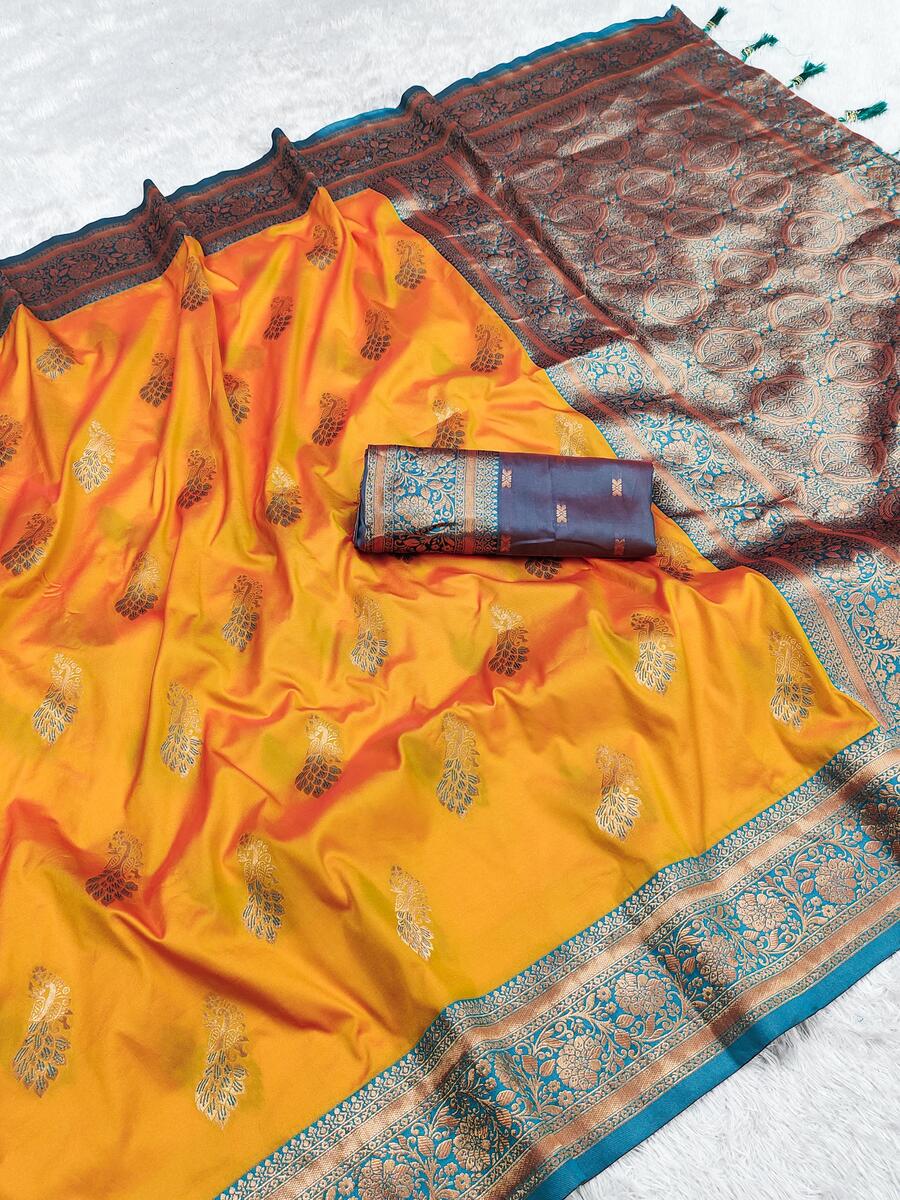 Snappy Yellow Soft Banarasi Silk Saree With Twirling Blouse Piece
