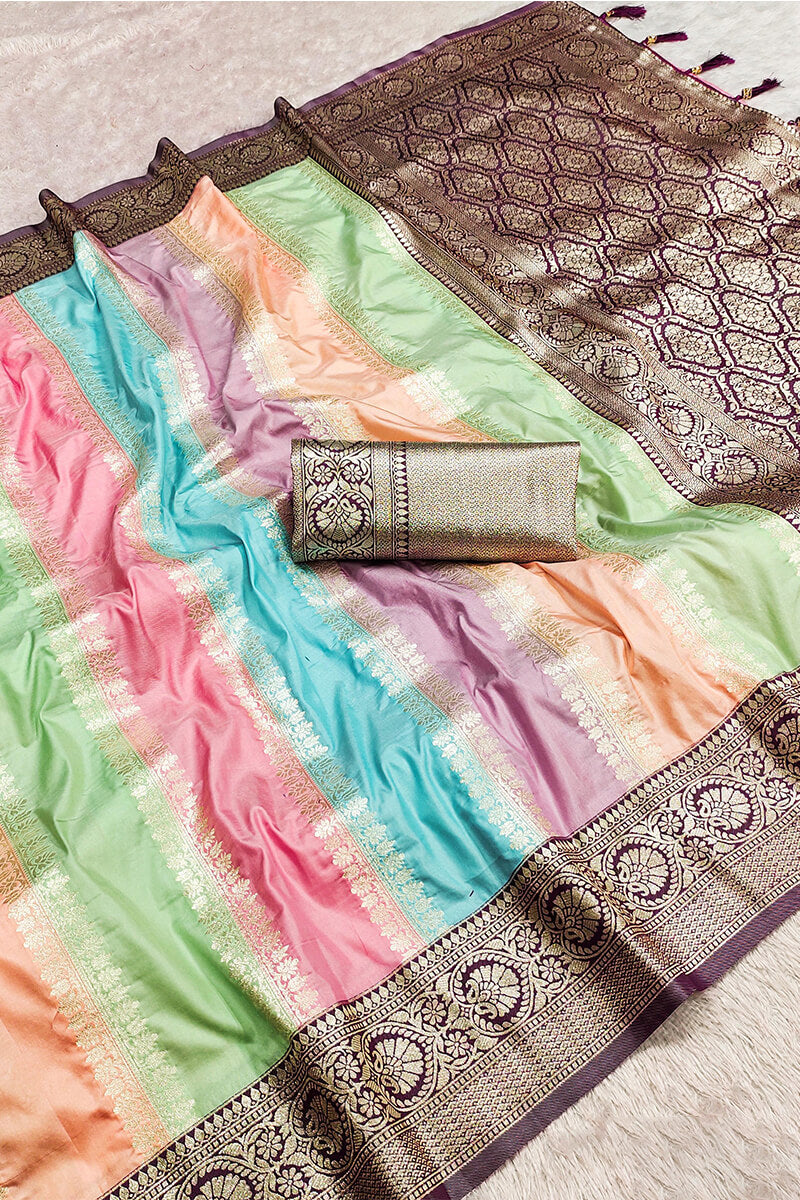 Smashing Multicolor Soft Banarasi Silk Saree With Sizzling Blouse Piece