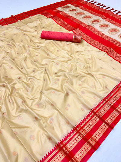 Alluring Beige Soft Banarasi Silk Saree With Dazzling Blouse Piece