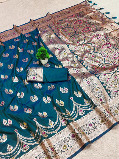 Embellished Rama Soft Banarasi Silk Saree With Ephemeral Blouse Piece