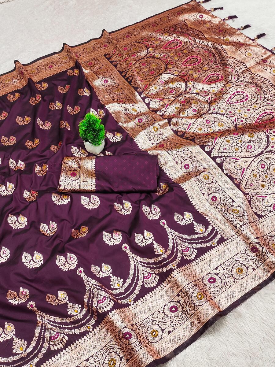 Desultory Wine Soft Banarasi Silk Saree With Imbrication Blouse Piece