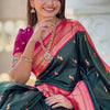 Impressive Dark Green Paithani Silk Saree With Adorning Blouse Piece