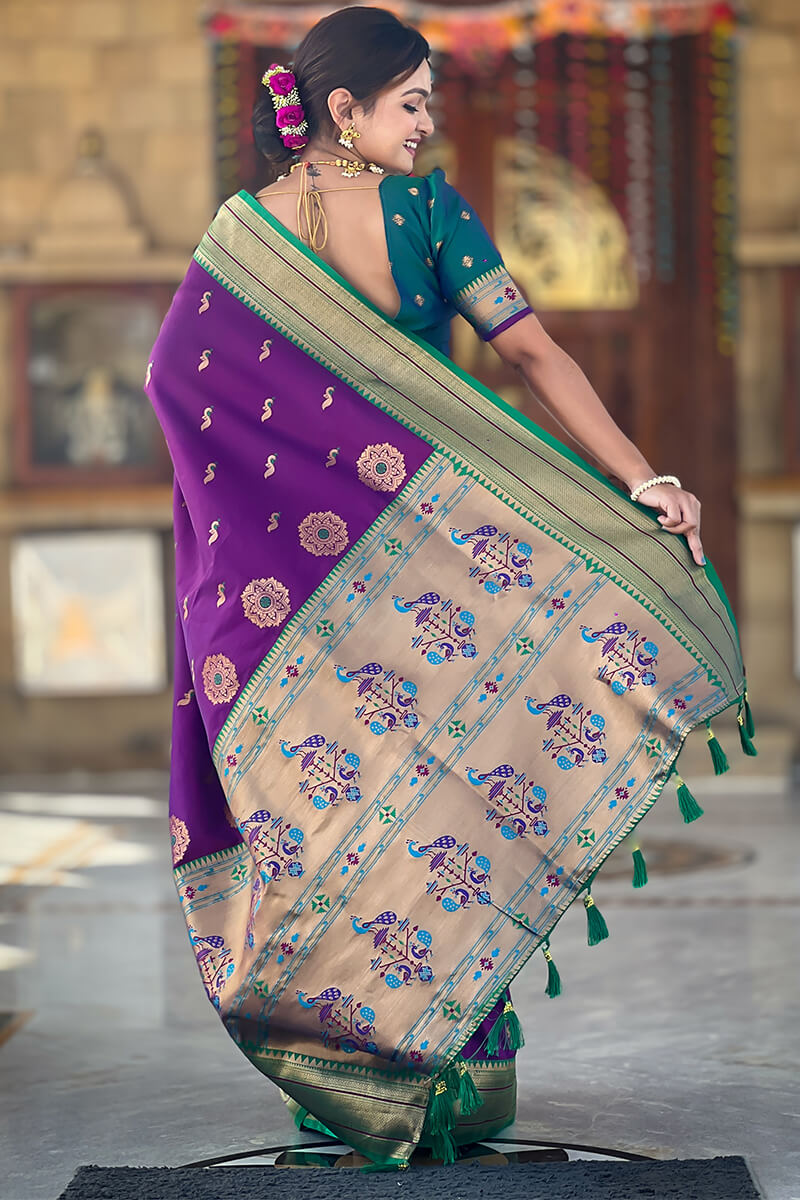 Classic Purple Paithani Silk Saree With Traditional Blouse Piece