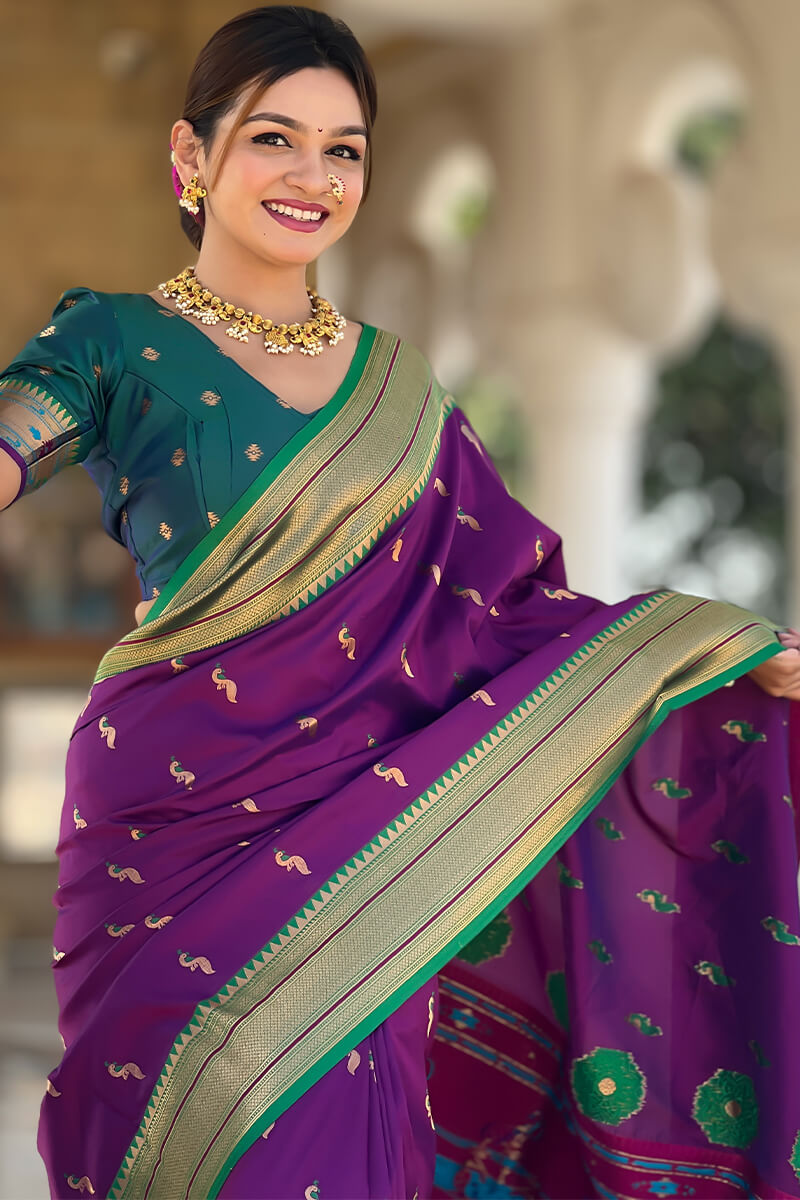 Classic Purple Paithani Silk Saree With Traditional Blouse Piece