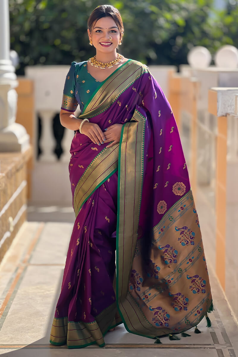 Classic Purple Paithani Silk Saree With Traditional Blouse Piece