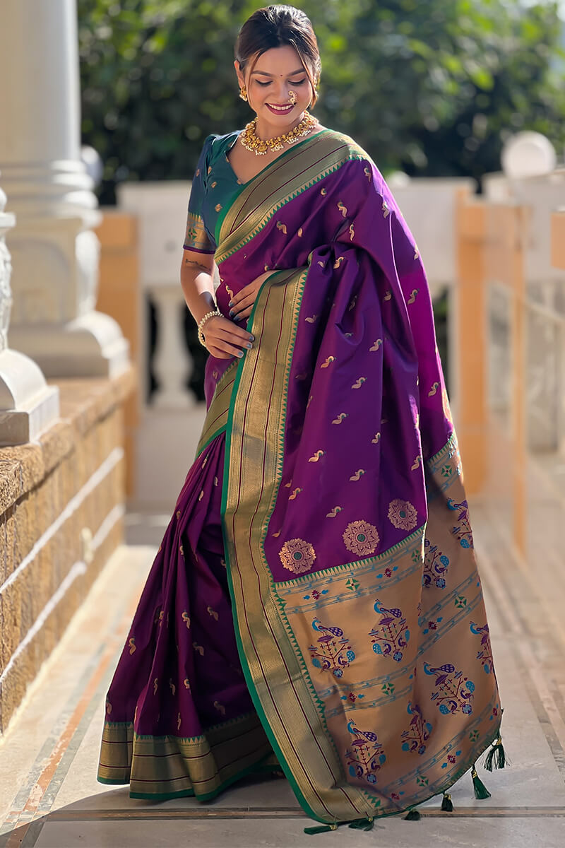 Classic Purple Paithani Silk Saree With Traditional Blouse Piece