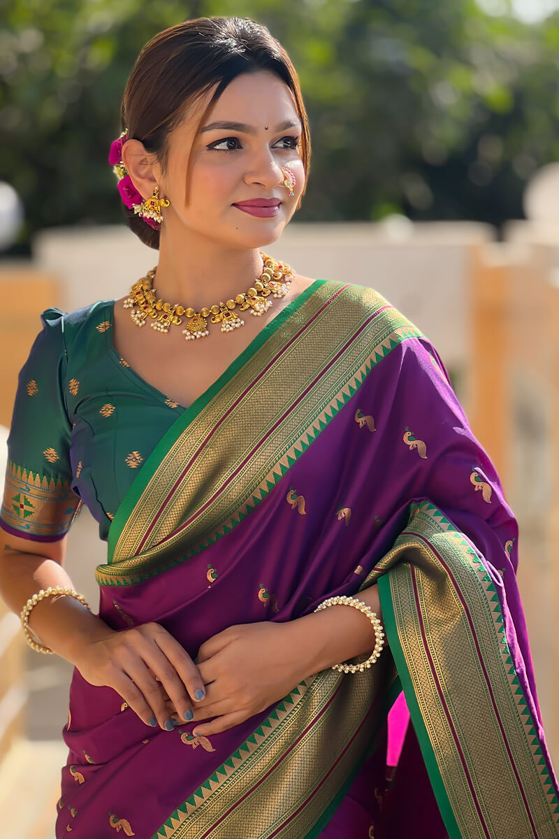 Classic Purple Paithani Silk Saree With Traditional Blouse Piece