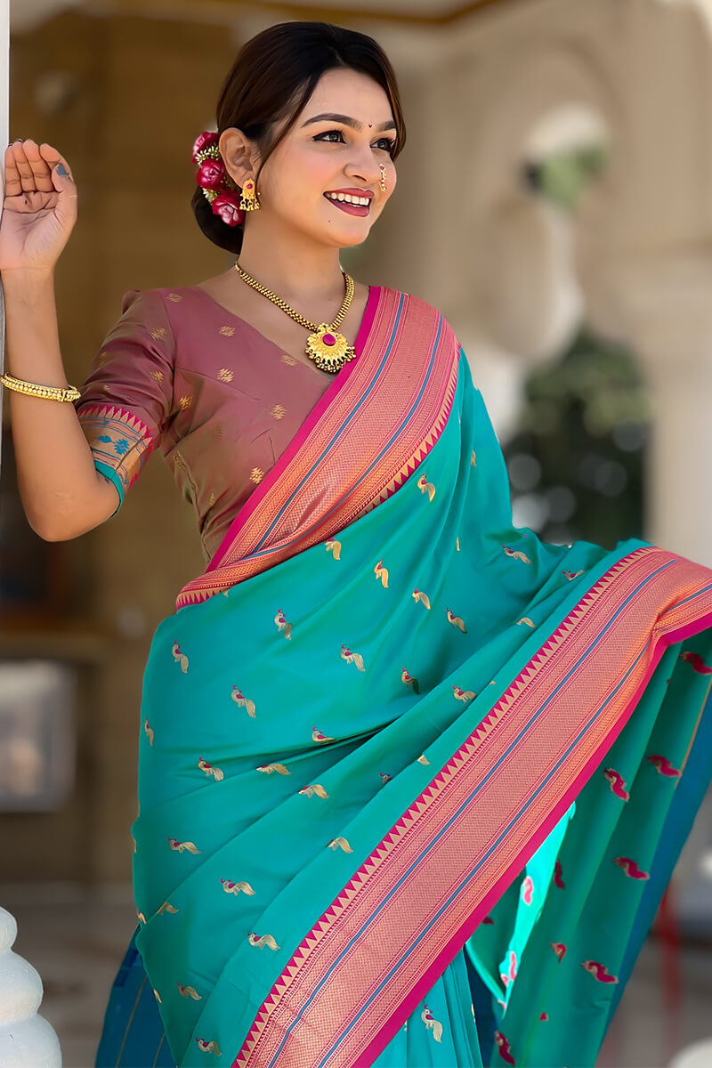 Eloquence Sea Green Paithani Silk Saree With Fugacious Blouse Piece