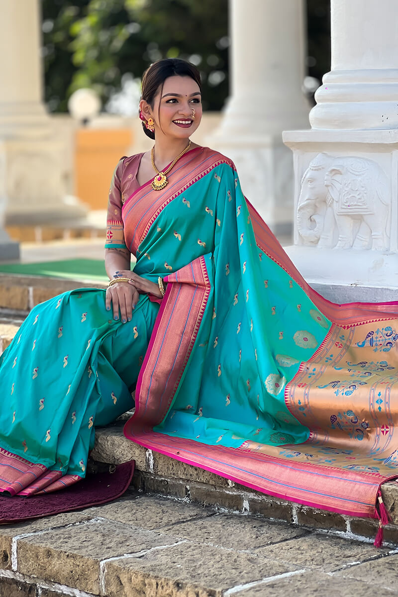 Eloquence Sea Green Paithani Silk Saree With Fugacious Blouse Piece