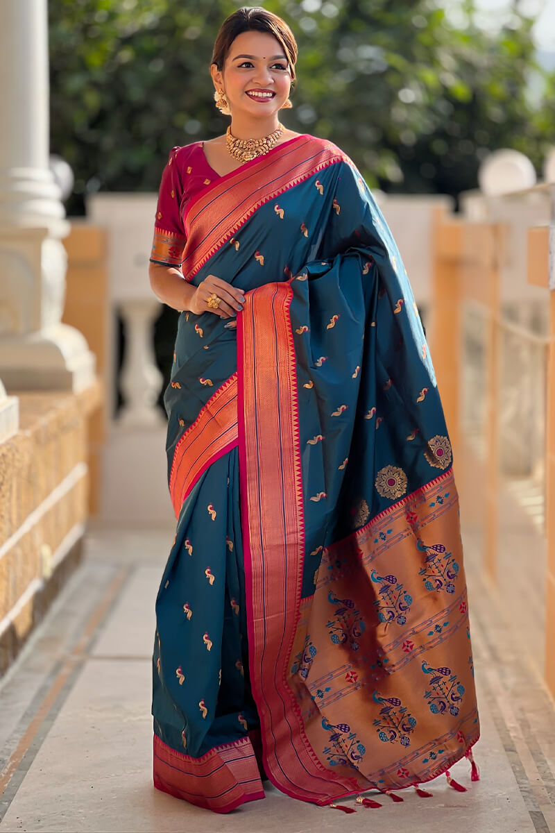 Panoply Teal Blue Paithani Silk Saree With Sumptuous Blouse Piece