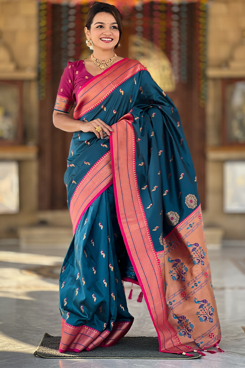 Panoply Teal Blue Paithani Silk Saree With Sumptuous Blouse Piece