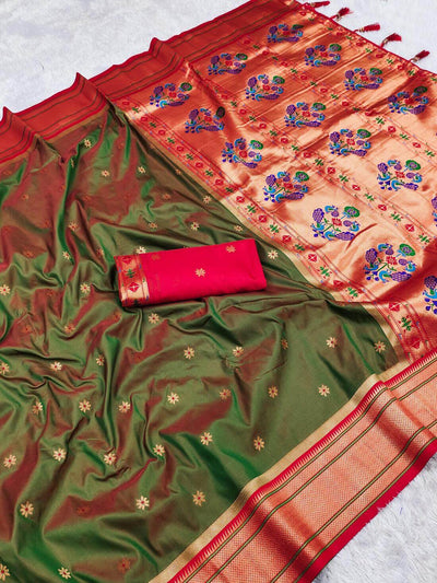 Staring Green Paithani Silk Saree With Groovy Blouse Piece