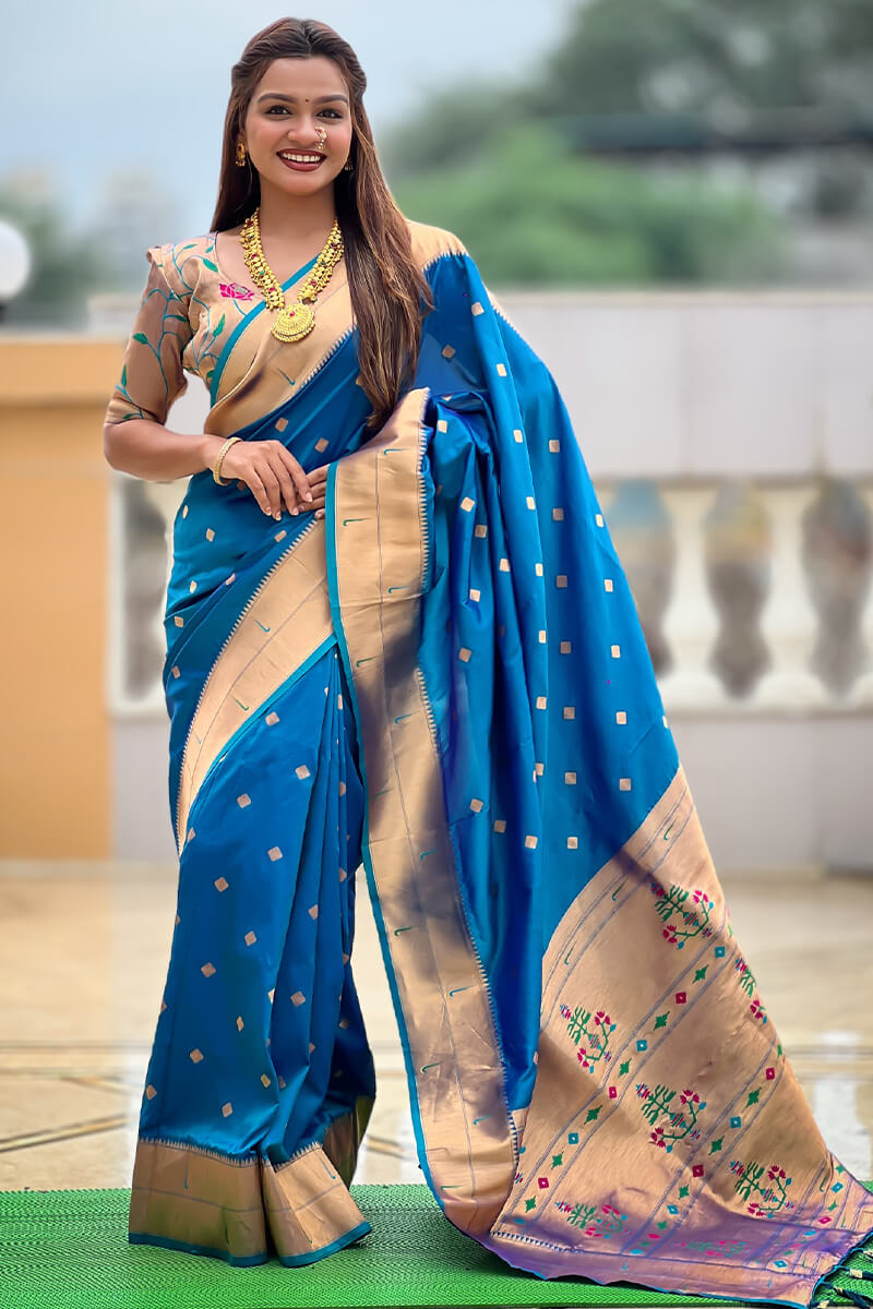 Transcendent Firozi Paithani Silk Saree With Lovely Blouse Piece