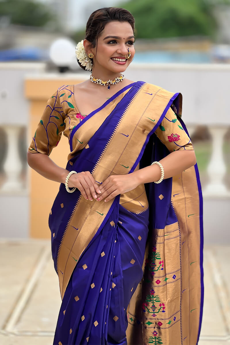 Jubilant Navy Blue Paithani Silk Saree With Ravishing Blouse Piece