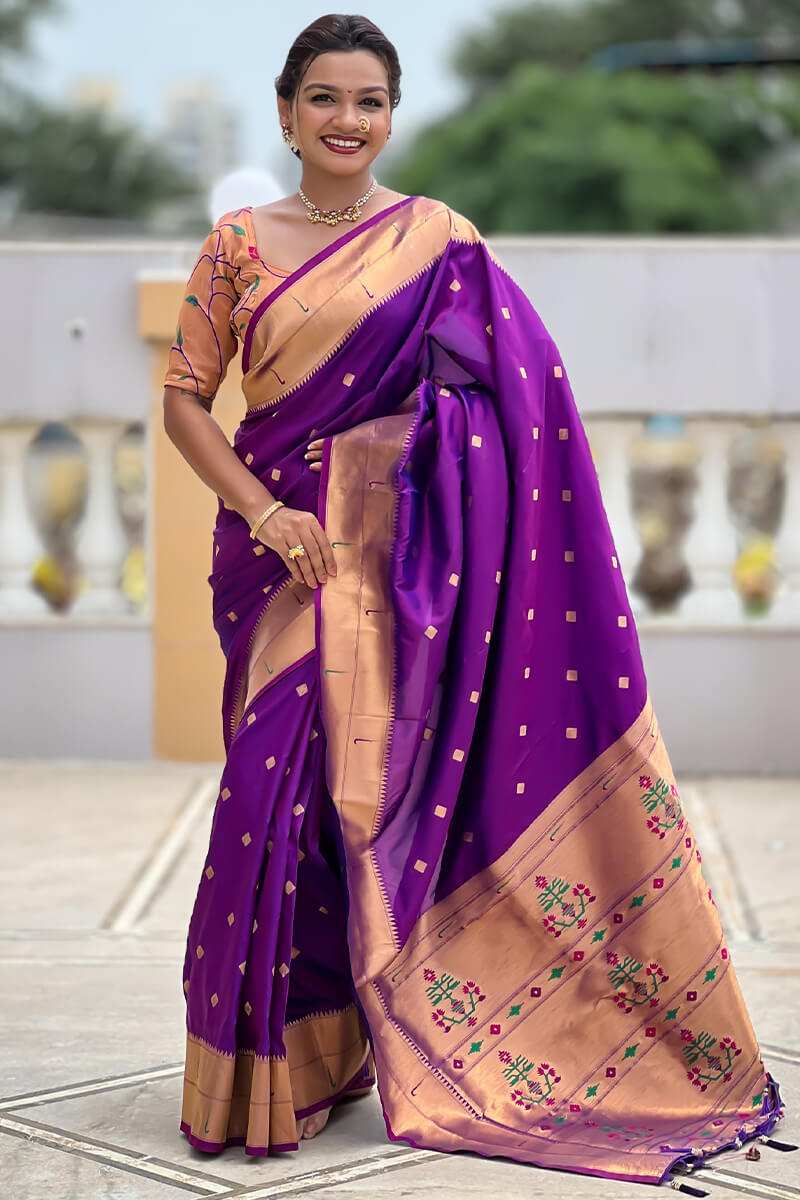 Ailurophile Purple Paithani Silk Saree With Incomparable Blouse Piece