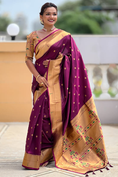 Piquant Wine Paithani Silk Saree With Appealing Blouse Piece