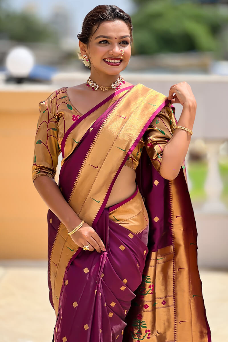 Piquant Wine Paithani Silk Saree With Appealing Blouse Piece