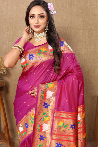 Fairytale Dark Pink Paithani Silk Saree With Beauteous Blouse Piece