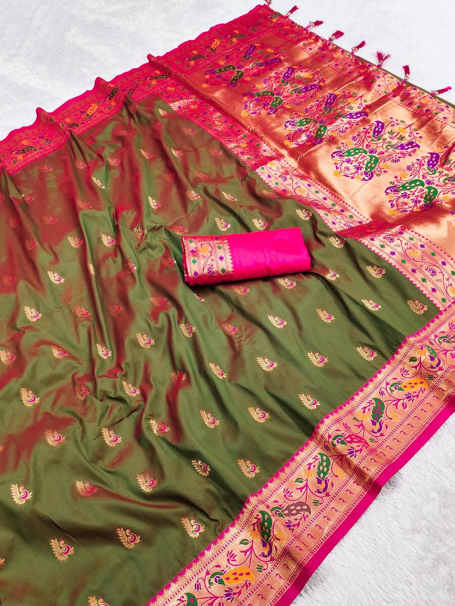 Symmetrical Green Paithani Silk Saree With Ephemeral Blouse Piece