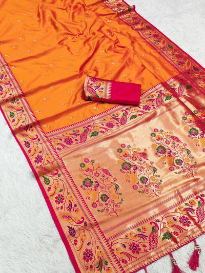 Cynosure Orange Paithani Silk Saree With Precious Blouse Piece