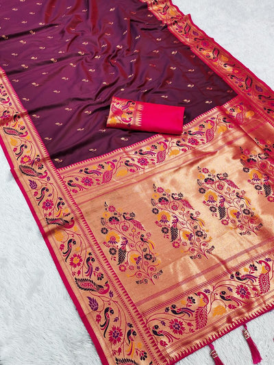 Marvellous Wine Paithani Silk Saree With Lassitude Blouse Piece