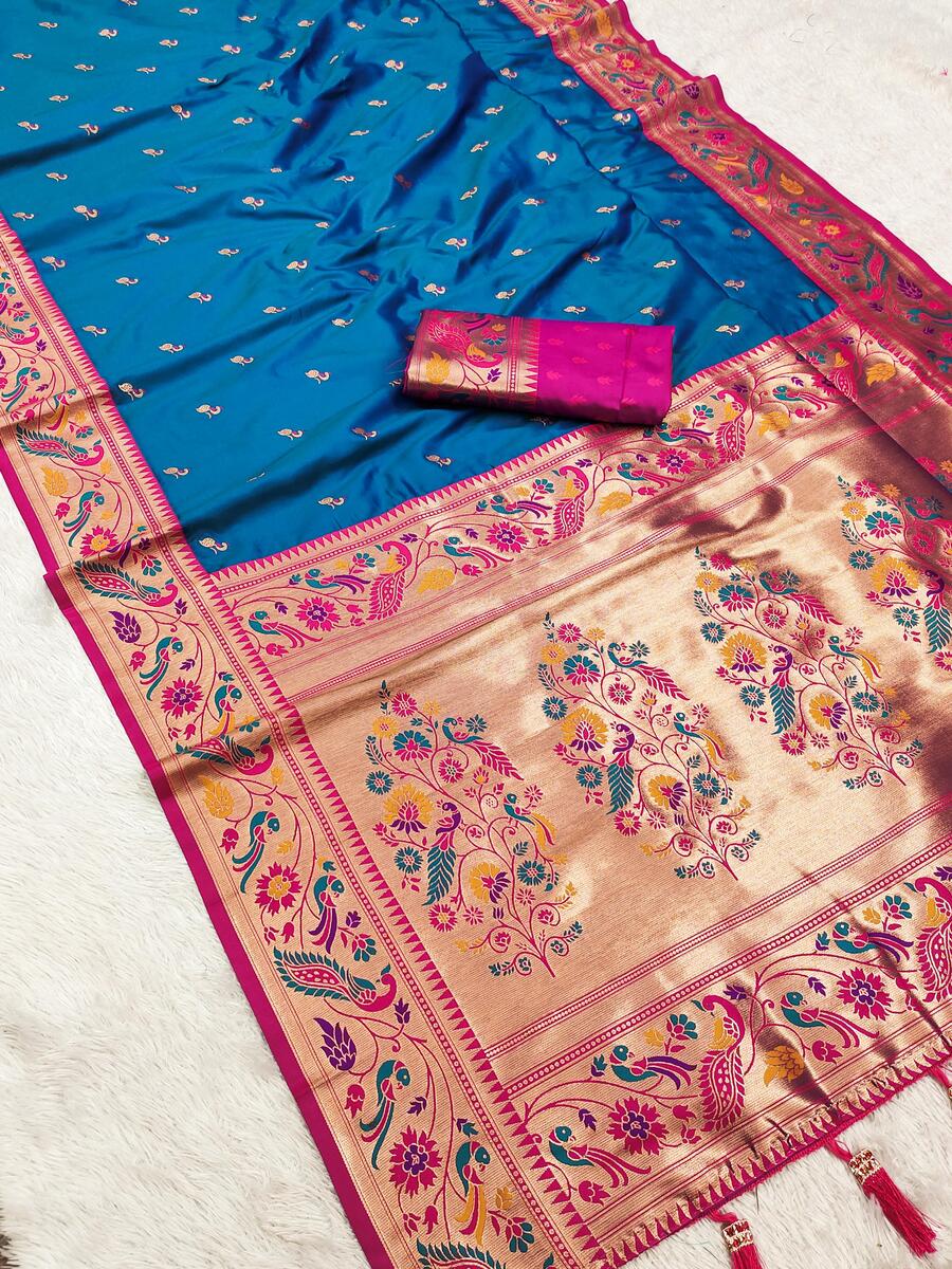 Moiety Blue Paithani Silk Saree With Efflorescence Blouse Piece