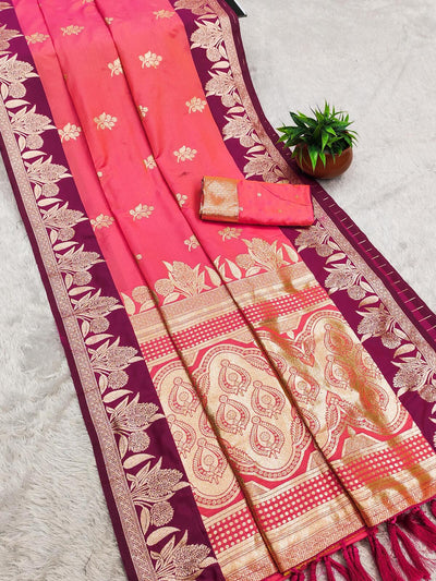 Exquisite Pink Soft Banarasi Silk Saree With Beleaguer Blouse Piece