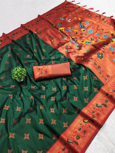 Imaginative Dark Green Paithani Silk Saree With Vivacious Blouse Piece