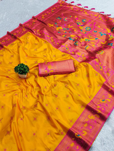 Sensational Yellow Paithani Silk Saree With Lustrous Blouse Piece