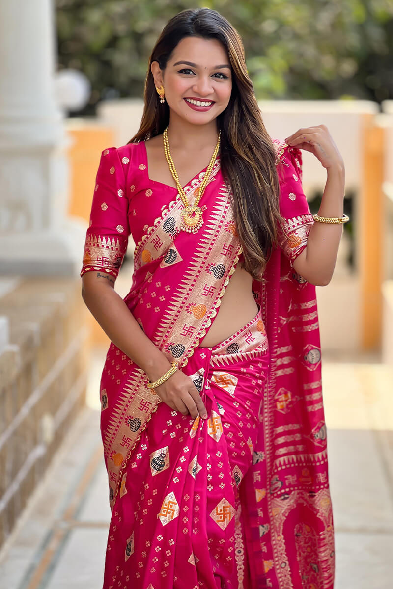 Sempiternal Dark Pink Soft Banarasi Silk Saree With Dissemble Blouse Piece